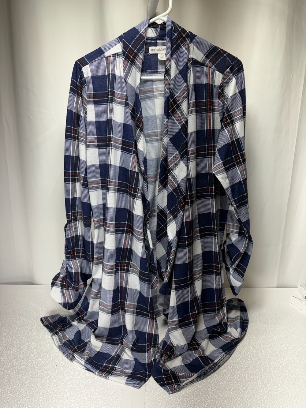 New York Laundry Navy, White & Black Plaid Open Front Shirt Jacket 4445